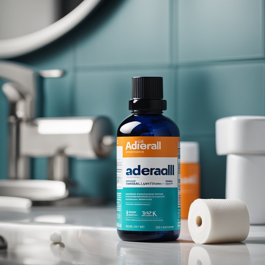 A bottle of Adderall sits on a bathroom counter, next to a box of laxatives and a roll of toilet paper