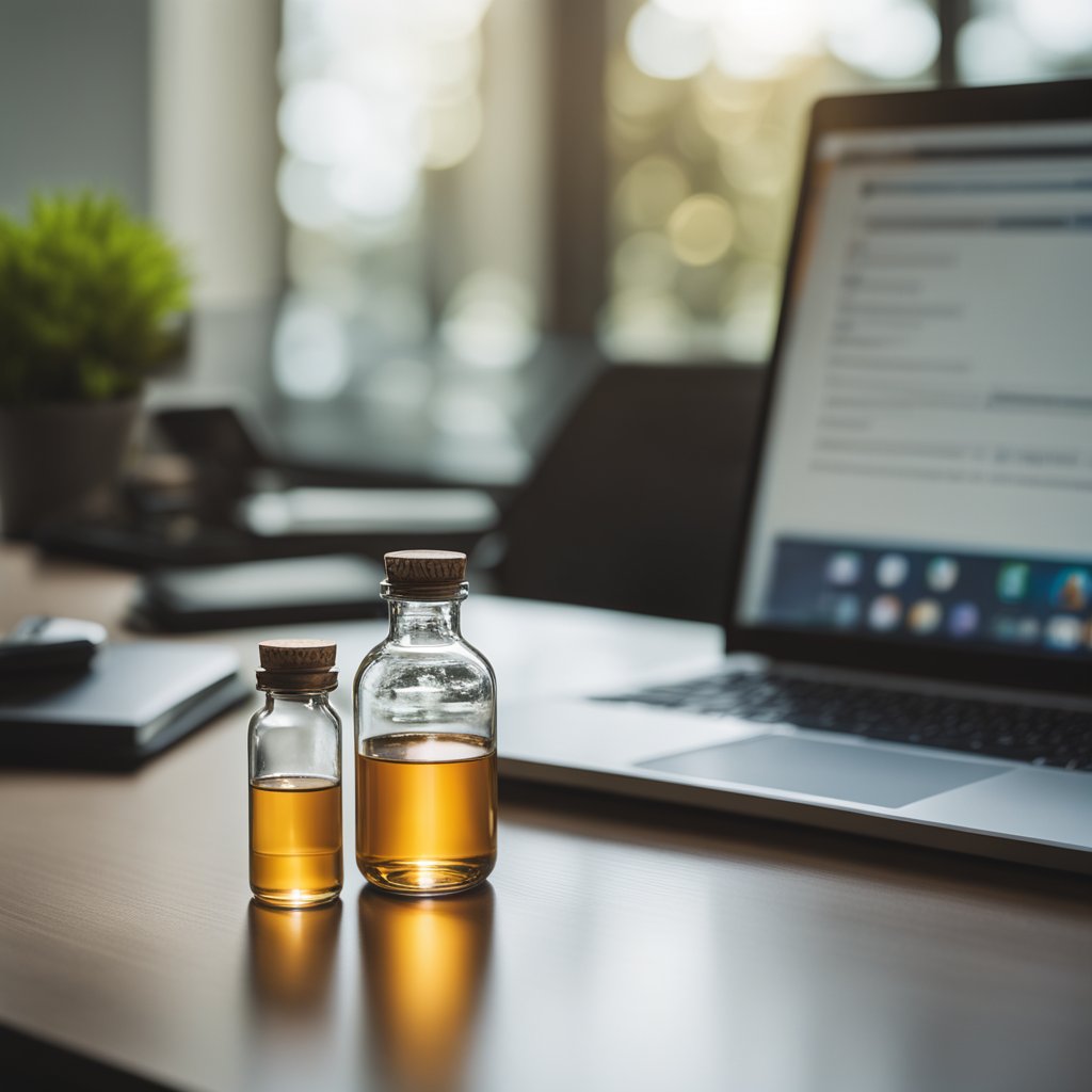 A bottle of Adderall sits on a clean, organized desk next to a laptop and a notebook. The room is well-lit and serene, with a sense of focus and productivity in the air