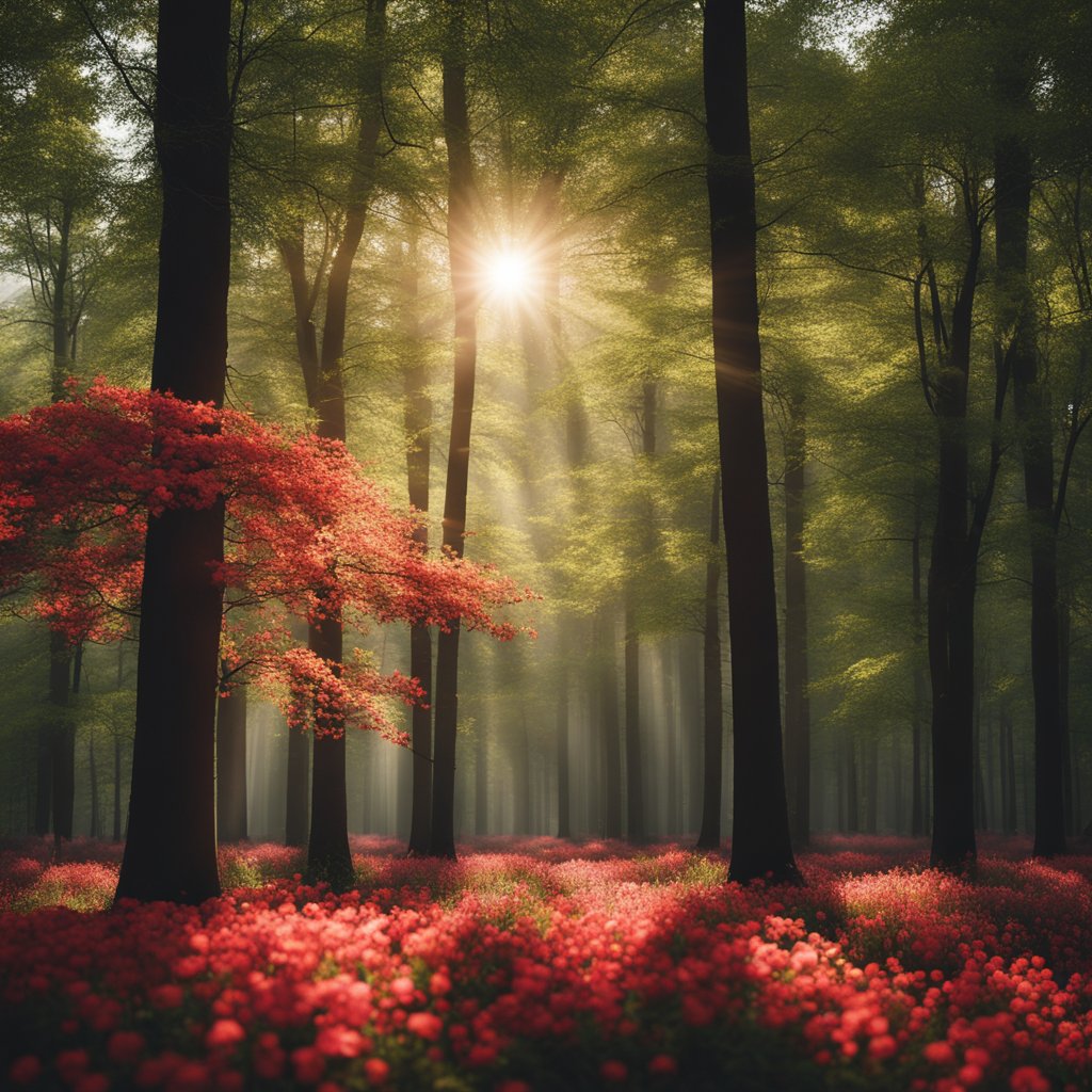 A serene forest with sunlight filtering through the trees, highlighting a small patch of bright red bromantane flowers in full bloom