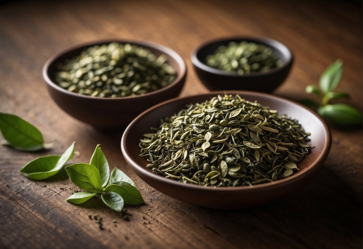 A variety of green tea leaves in different shades, shapes, and sizes are spread out on a wooden table, accompanied by small bowls of jasmine, matcha, and sencha tea leaves, each emitting a distinct aroma