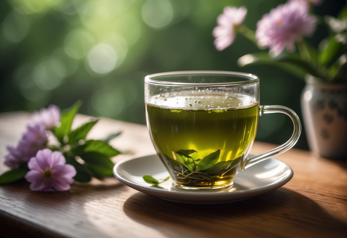 A steaming cup of green tea sits on a wooden table, surrounded by fresh leaves and blooming flowers, evoking a sense of natural and refreshing taste