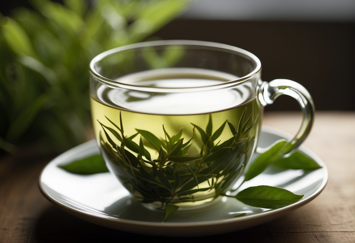 Green tea leaves steep in a delicate porcelain cup, emitting a fragrant aroma. The liquid is a pale, golden hue, with a subtle earthy and grassy flavor, leaving a refreshing and slightly astringent aftertaste