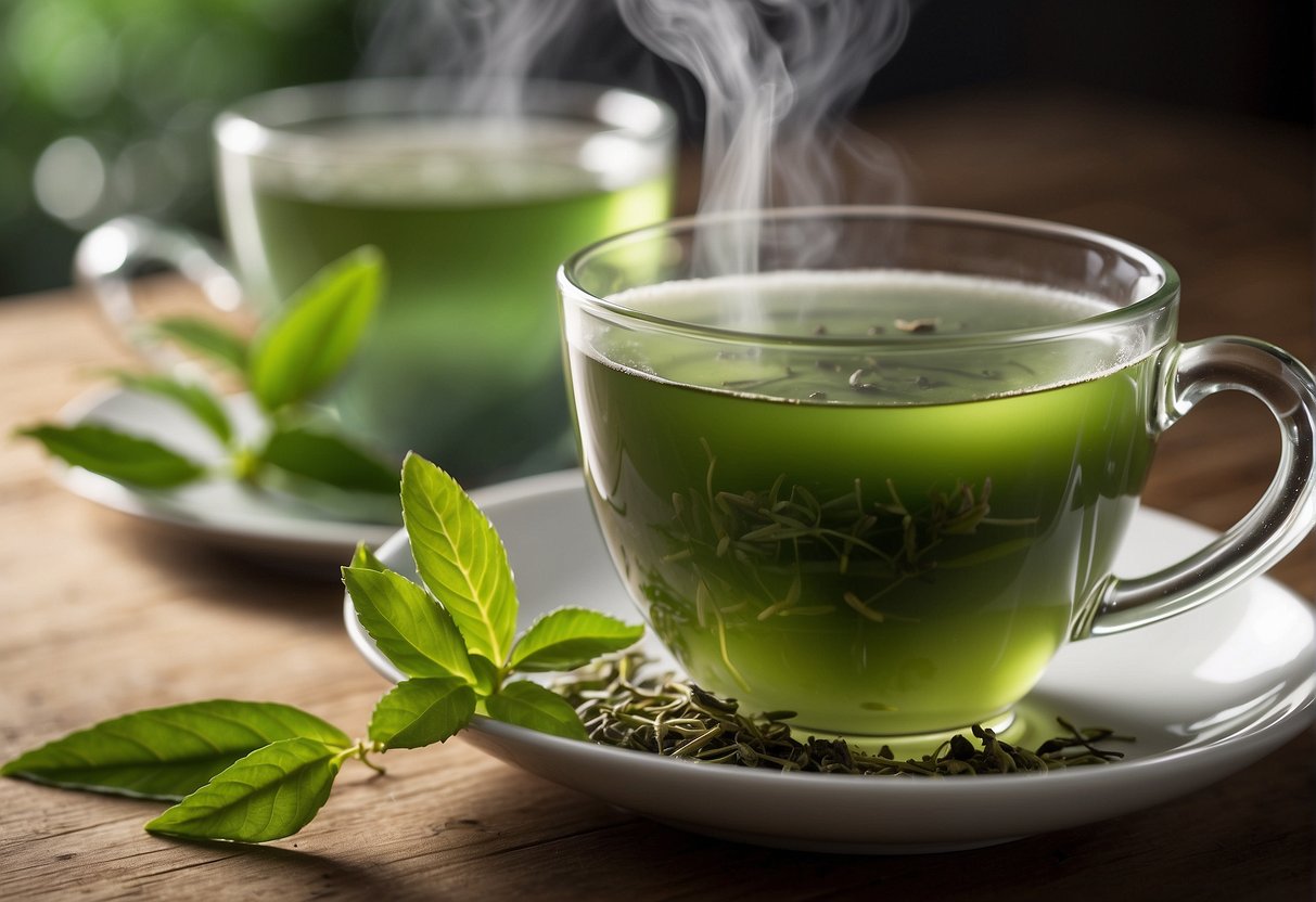 A steaming cup of green tea sits on a wooden table, emitting a delicate aroma. The tea is a pale green color and tastes subtly sweet with a hint of earthiness