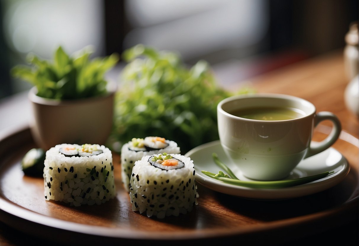 A steaming cup of green tea sits next to a plate of sushi, creating a serene and inviting scene. The tea exudes a delicate, grassy aroma, while its flavor is subtly vegetal with a hint of sweetness