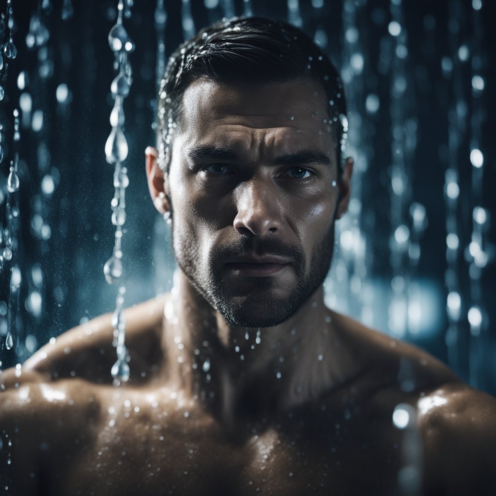 A man stands under a cold shower, water droplets glistening on his skin. He looks determined, as if seeking a boost in testosterone levels