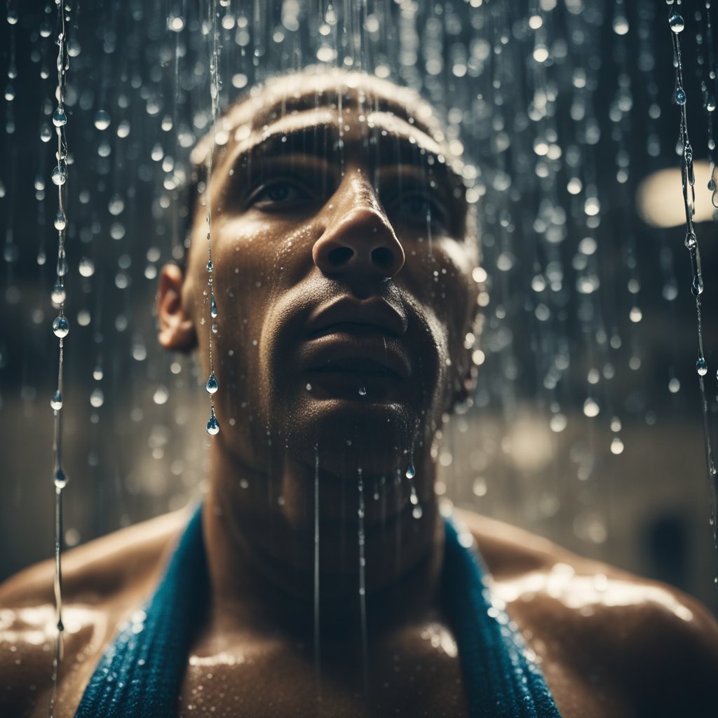 A person standing under a cold shower, water droplets bouncing off their skin, with a look of determination on their face