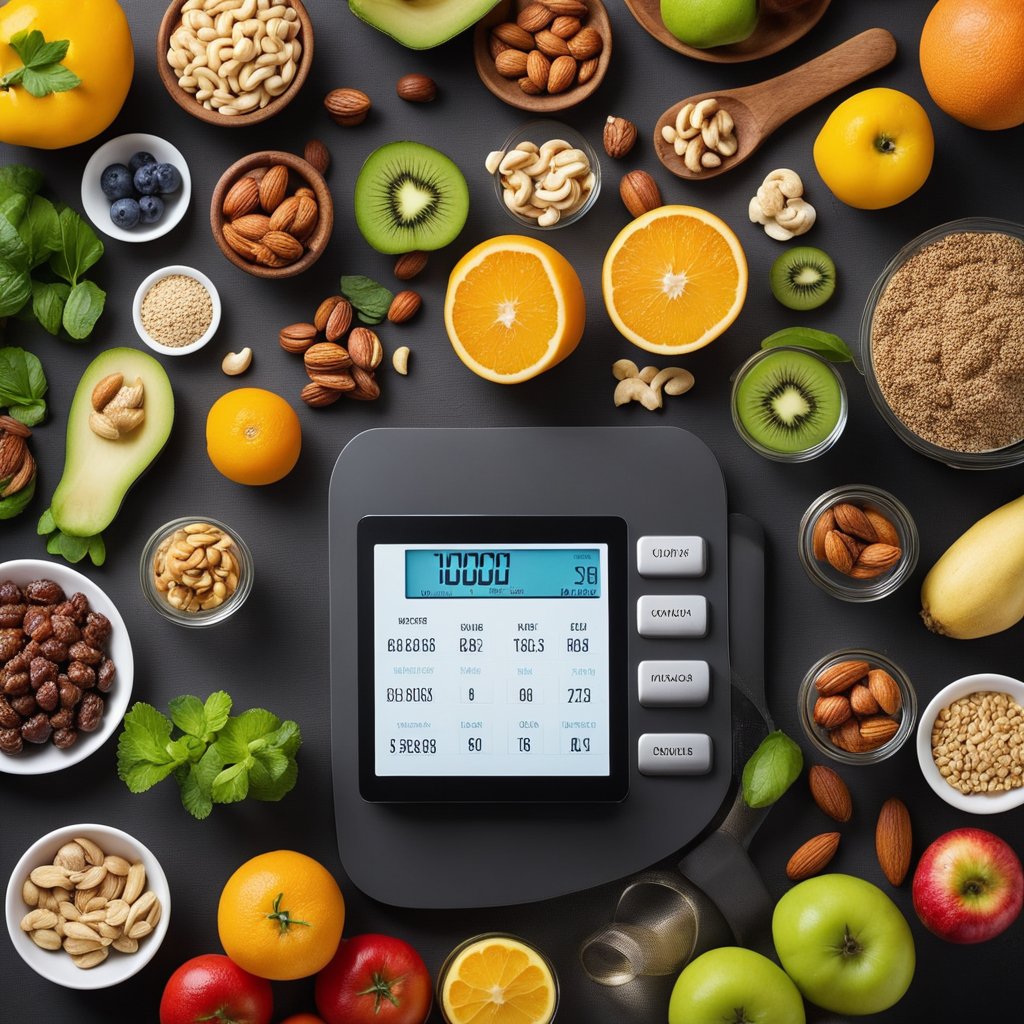 A table with colorful fruits, vegetables, lean meats, and nuts. An open cookbook with healthy recipes. Scales and measuring cups nearby