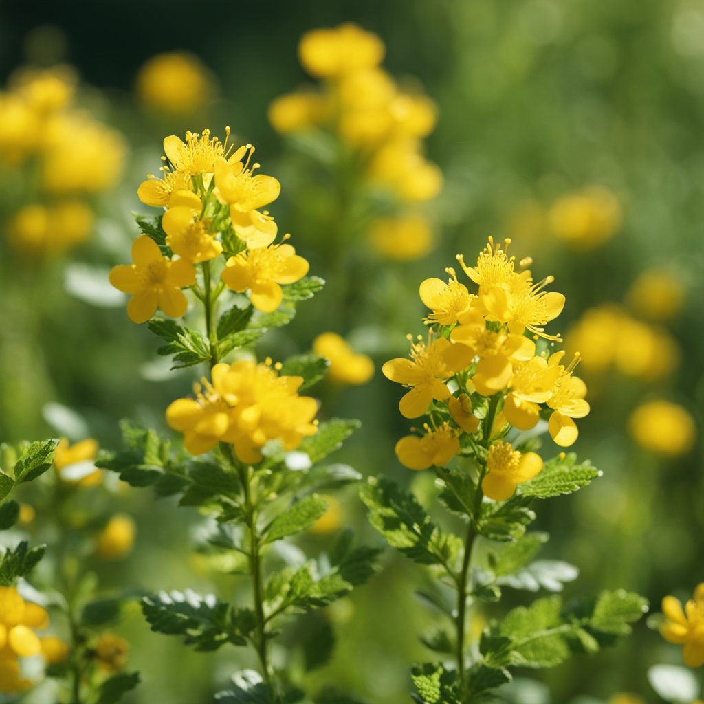 Golden berberine plants thrive in a lush, sunlit meadow, surrounded by vibrant wildflowers and buzzing bees