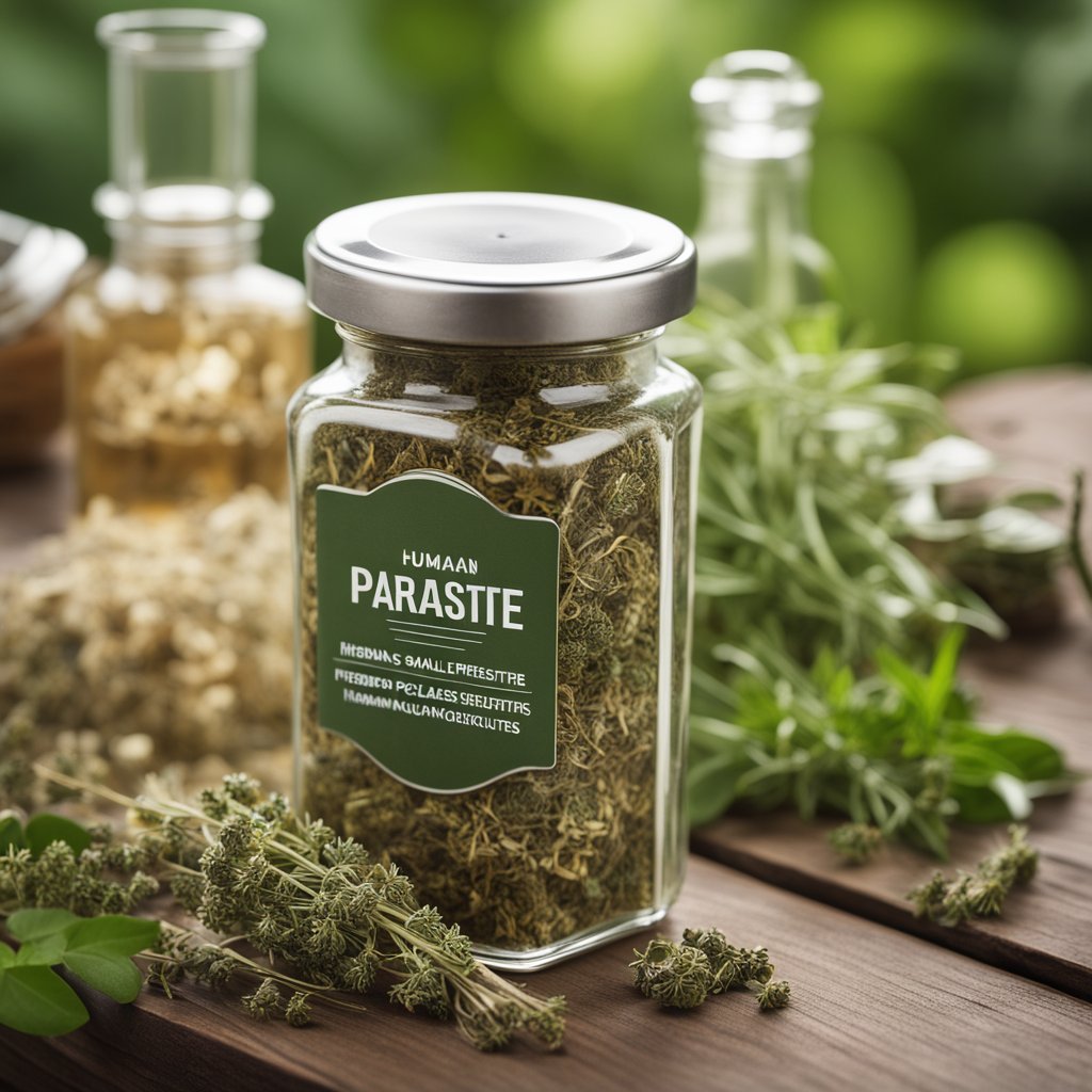 A glass jar filled with herbal tinctures and a small pile of dried herbs on a wooden table. A label reads "human parasite cleanse."