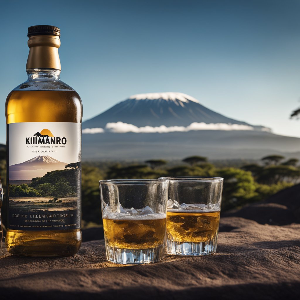 Mount Kilimanjaro looms in the distance, while a bottle of alcohol sits in the foreground