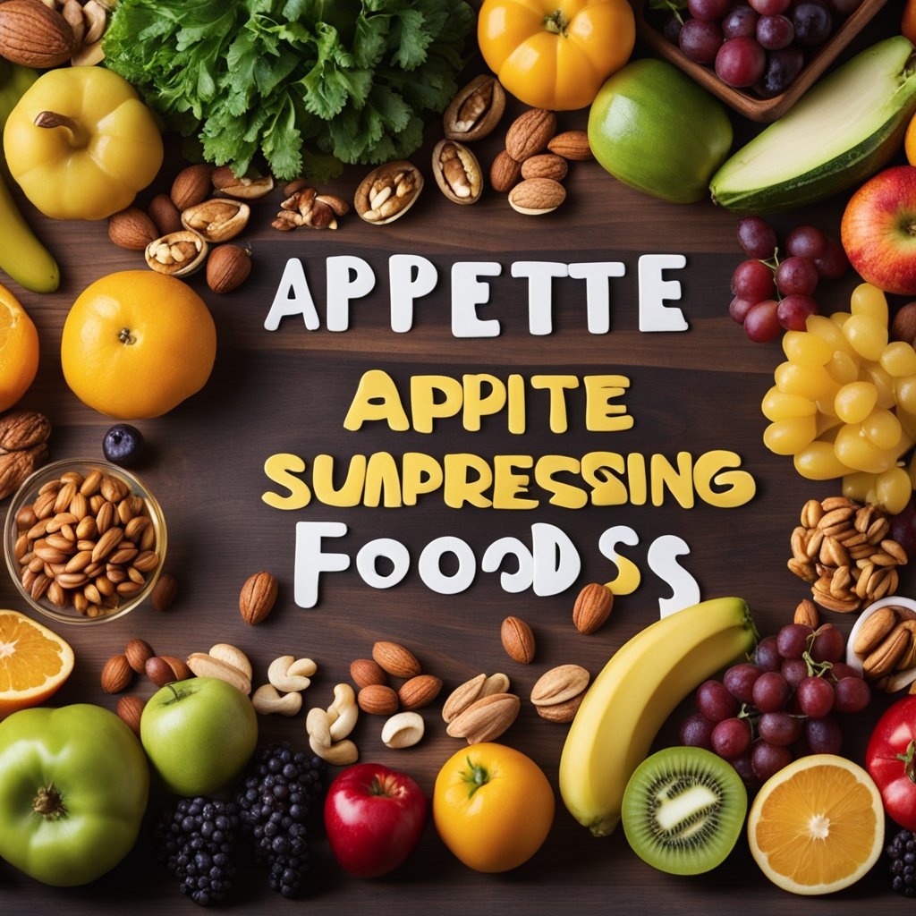 A table filled with colorful fruits, vegetables, and nuts, with a sign reading "appetite suppressing foods" in bold letters