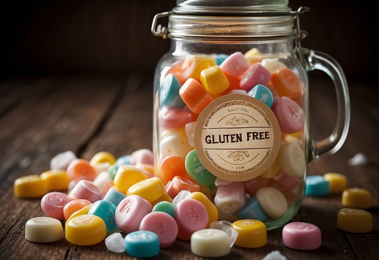 A colorful assortment of salt water taffy spills out of a vintage candy jar, with a sign reading "gluten free" prominently displayed