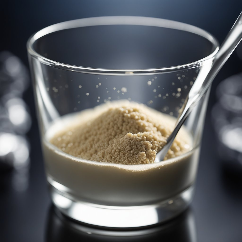 A spoonful of glucomannan powder dissolving in a glass of water, creating a thick, gel-like consistency