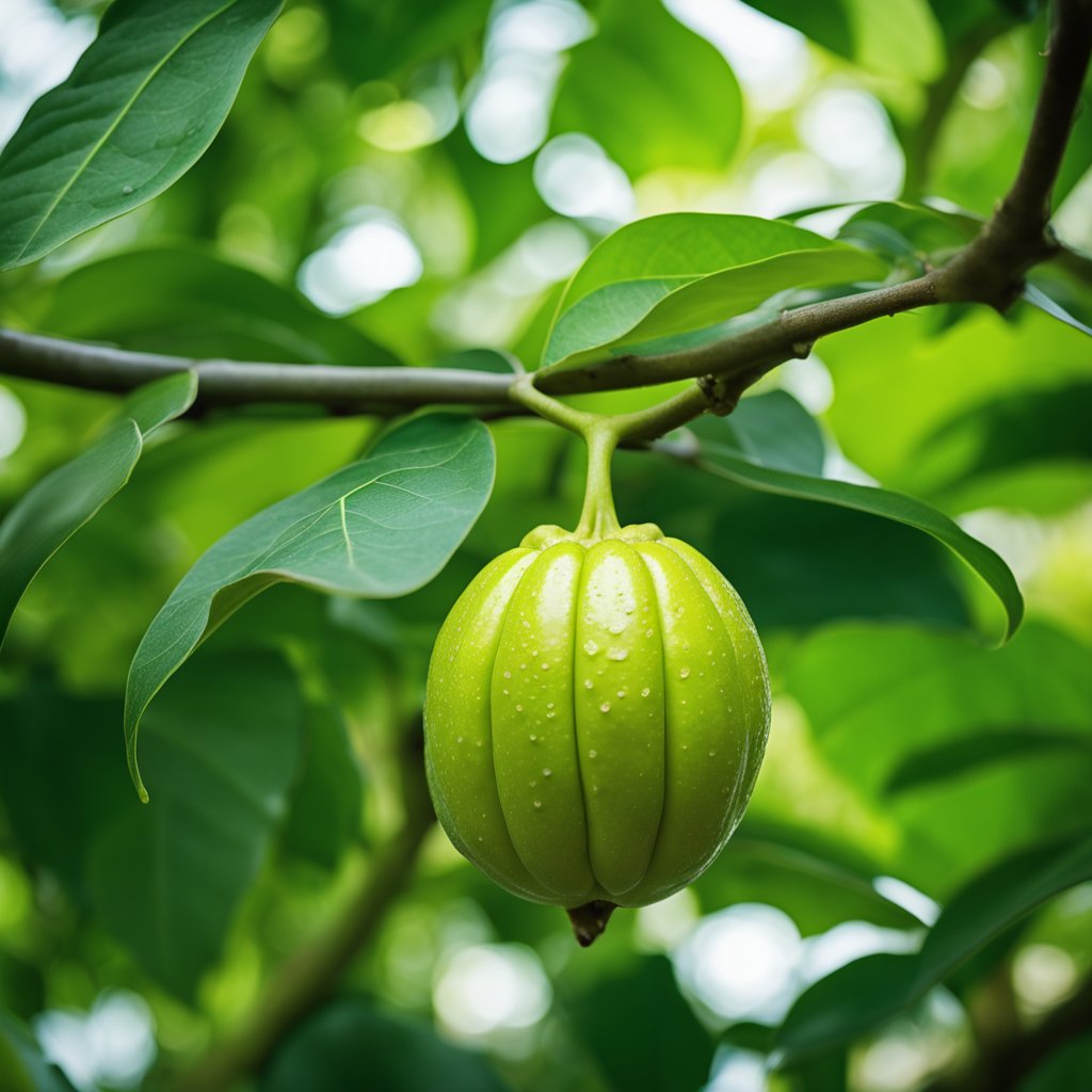 A ripe Garcinia Cambogia fruit hangs from a lush green tree, surrounded by vibrant foliage. The fruit's appearance suggests its potential to suppress appetite