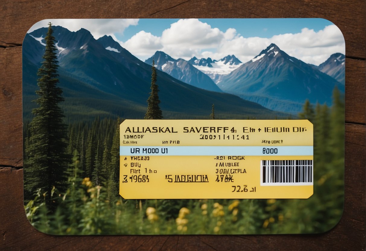 A train ticket with "Alaska Saver Fare" prominently displayed, surrounded by scenic Alaskan landscapes and wildlife