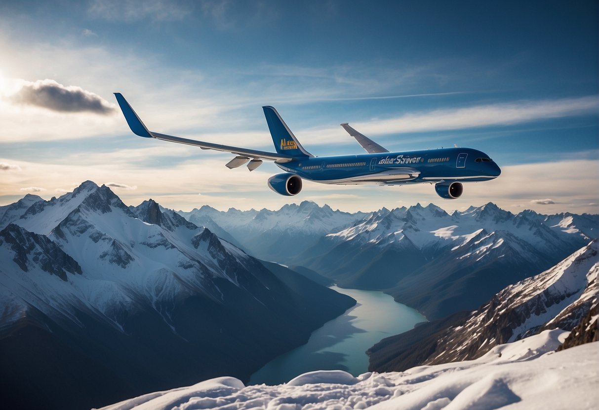 An airplane flying over snow-capped mountains with "Alaska Saver Fare" displayed on the side. The landscape is vast and remote, with a sense of adventure and exploration