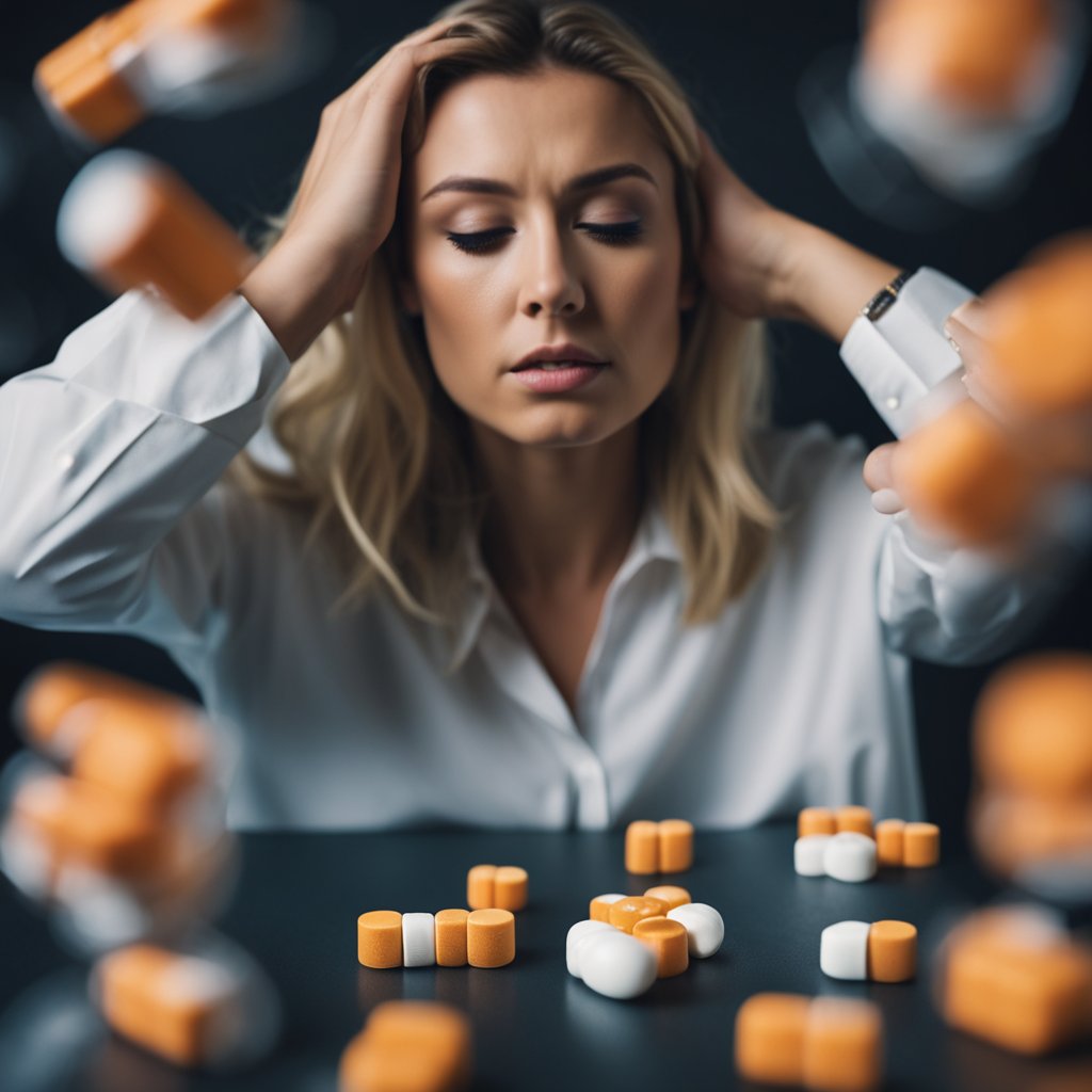 A woman experiencing common side effects of Adderall, such as insomnia, decreased appetite, and dry mouth
