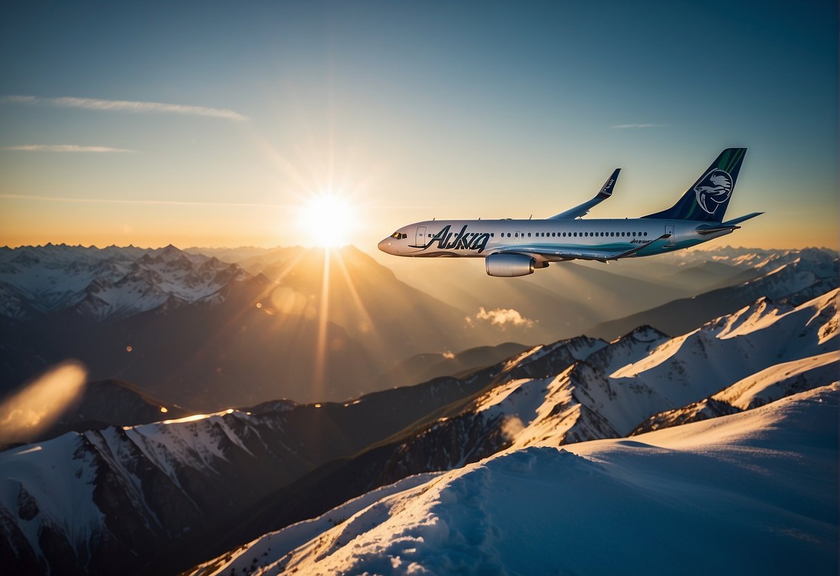 A plane flying over snow-capped mountains with "Alaska Airlines" logo, while the sun sets in the background