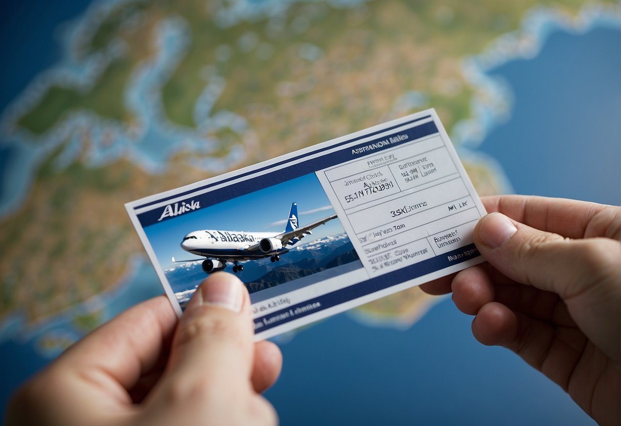 A traveler redeeming miles and companion fare for an Alaska Airlines flight, with the Mileage Plan logo and a map of Alaska in the background