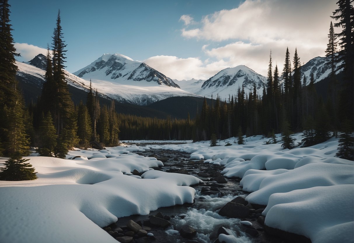 A dark and desolate Alaskan wilderness, with a solitary cabin surrounded by thick forest and snow-capped mountains in the distance