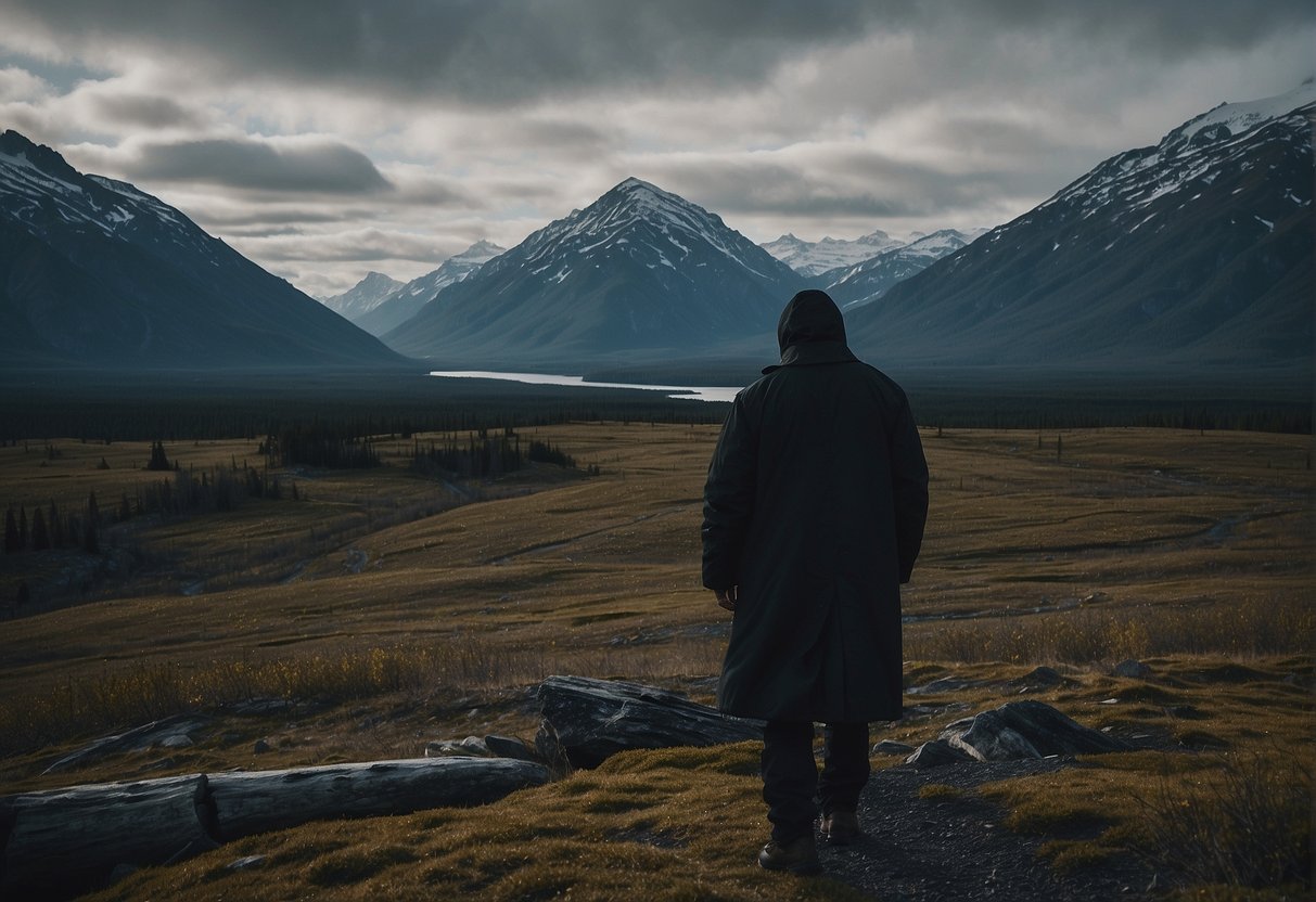 A dark figure lurks in the shadows of an isolated Alaskan wilderness, surrounded by rugged terrain and a sense of foreboding. The landscape is desolate, with no signs of civilization in sight