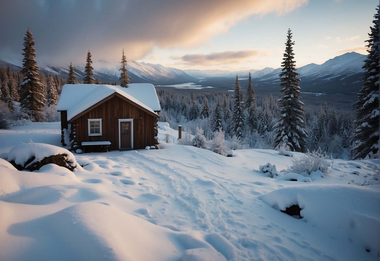 A rugged, snow-covered landscape with a remote cabin and a lone figure in the distance, suggesting isolation and escape for criminals in Alaska