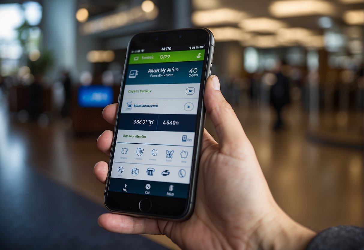 A smartphone with the Alaska Airlines app open, showing the "Manage My KTN" section with a keypad to enter the Known Traveler Number