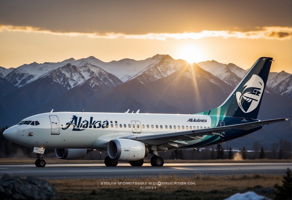 An Alaska Airlines plane flying over a snowy mountain range, with the sun setting in the background, and the company logo prominently displayed on the aircraft's tail