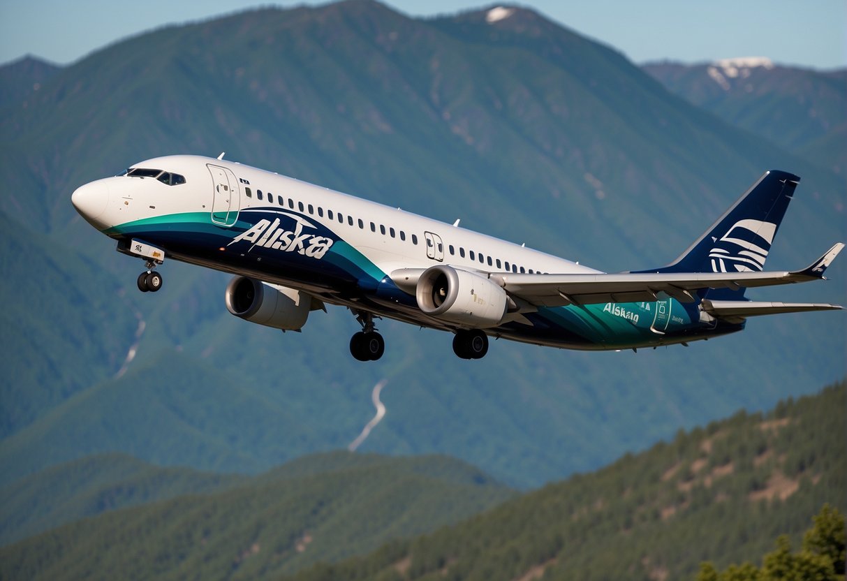 Alaska Airlines logo on a sleek airplane flying over a mountainous landscape, with a graph showing factors like fuel costs, demand, and competition influencing pricing