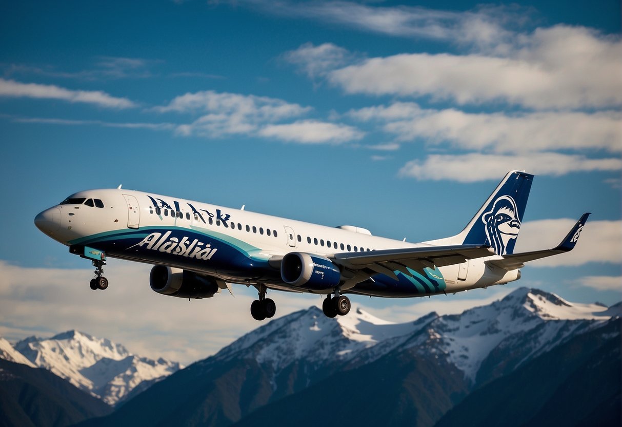 An Alaska Airlines plane flying over snow-capped mountains, showcasing its unique value proposition of providing access to remote destinations