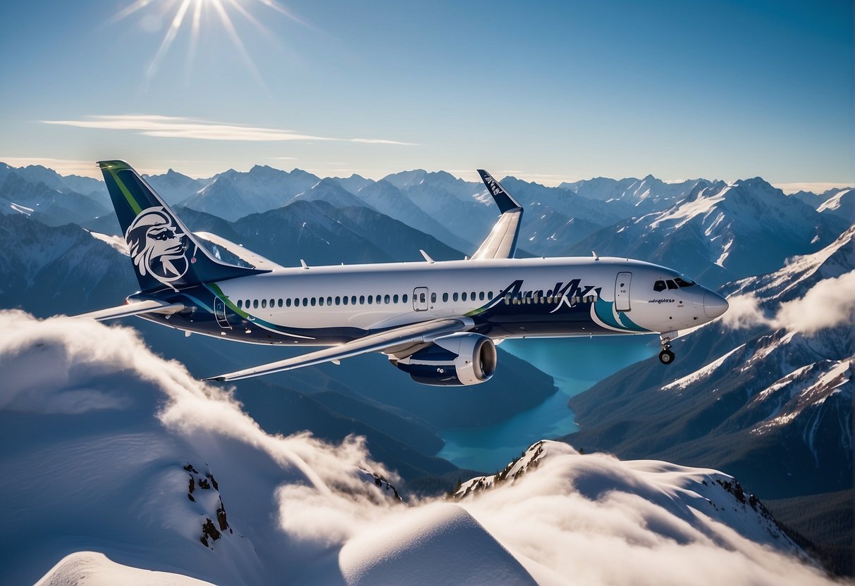 An Alaska Airlines plane soaring over snow-capped mountains, with a clear blue sky and a bright sun shining down