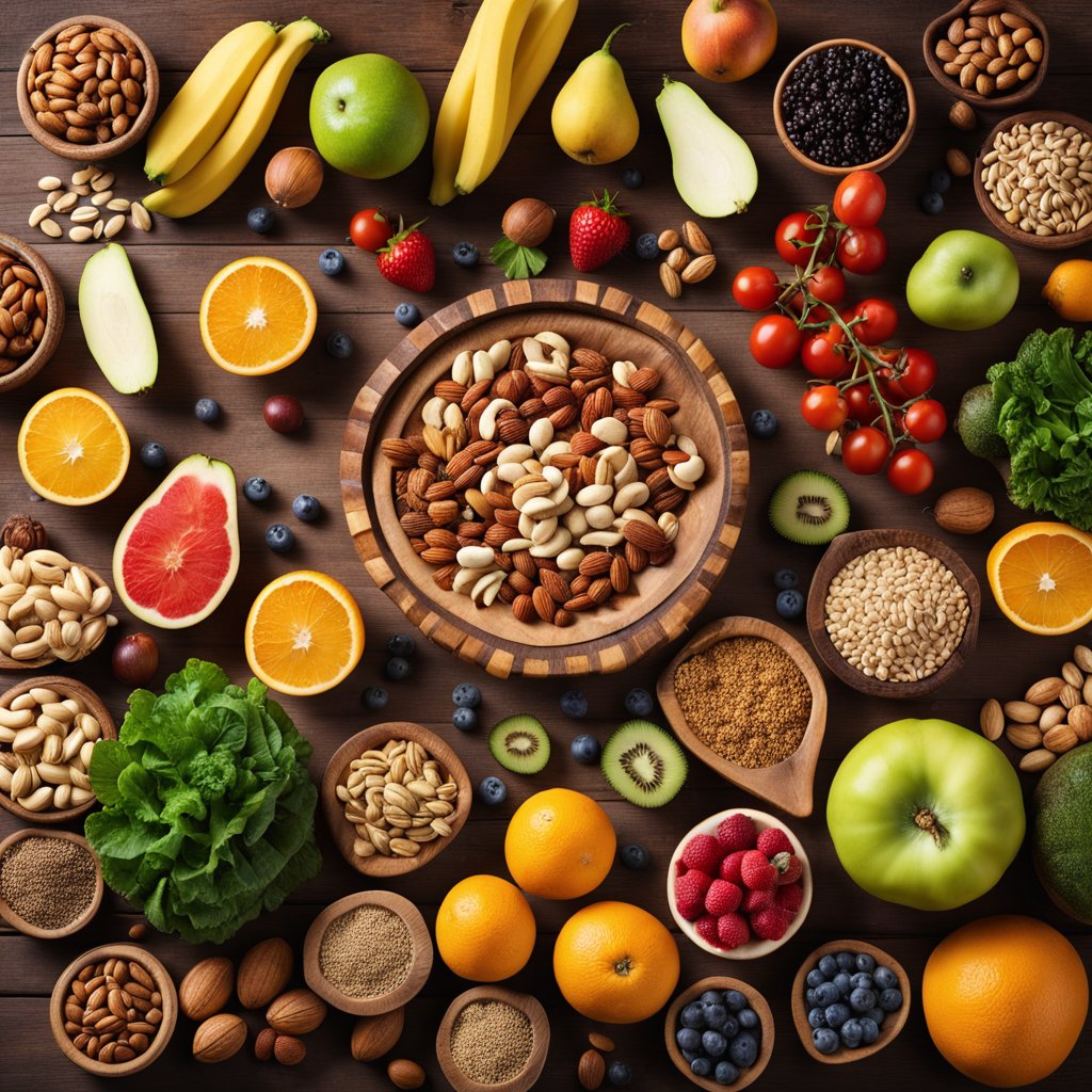 A vibrant assortment of fruits, vegetables, nuts, and seeds arranged on a wooden table, with a glowing halo of energy surrounding them