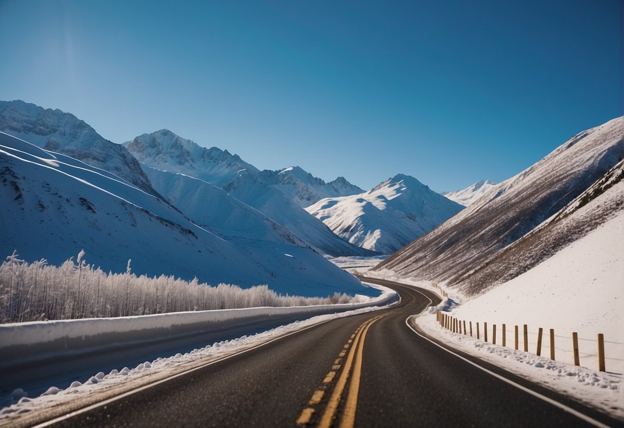 Snow-covered mountains, a winding road leading out of Alaska, a moving truck loaded with belongings, and a bright blue sky overhead