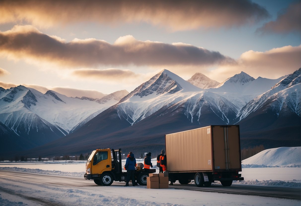 A family packing boxes and loading a moving truck in front of a snowy mountain backdrop in Alaska