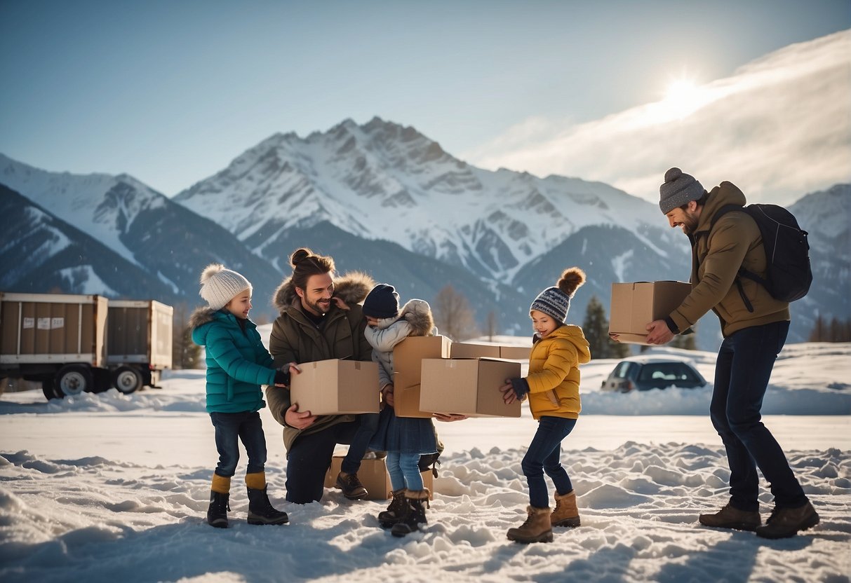 A family packing boxes into a moving truck in front of a snowy mountain backdrop