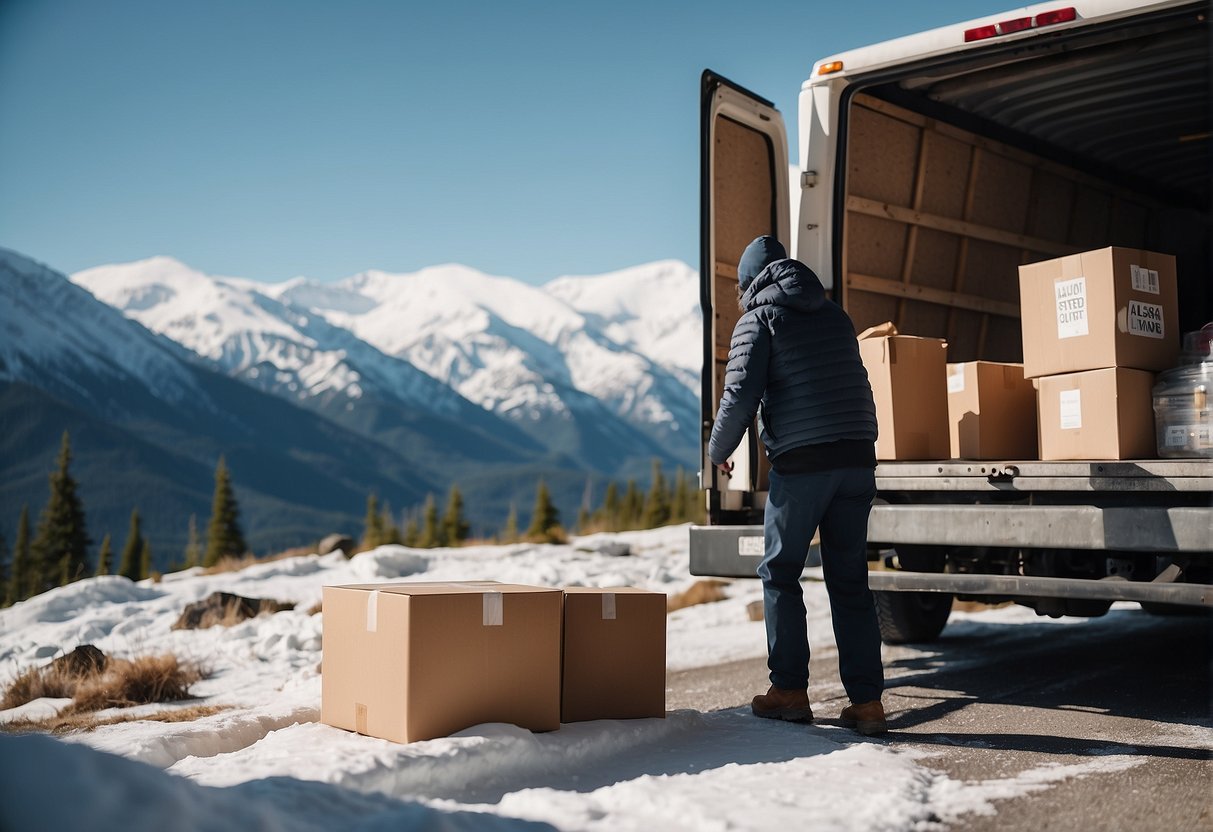 A person packing boxes into a moving truck with a backdrop of snow-capped mountains and a sign that reads "Frequently Asked Questions How To Move Out Of Alaska"