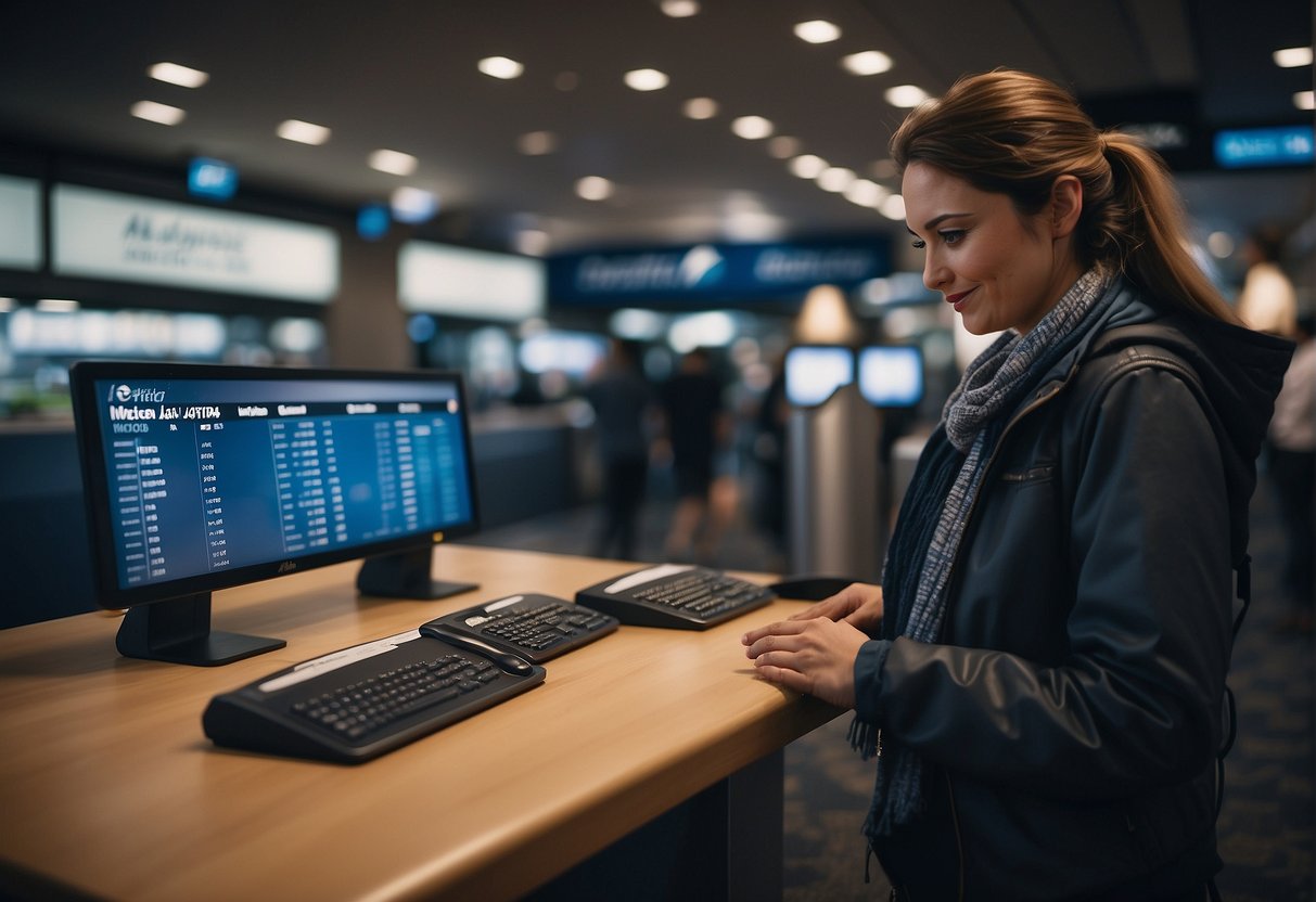 A traveler inputs their Known Traveler Number into the Alaska Airlines booking system while checking in at the airport