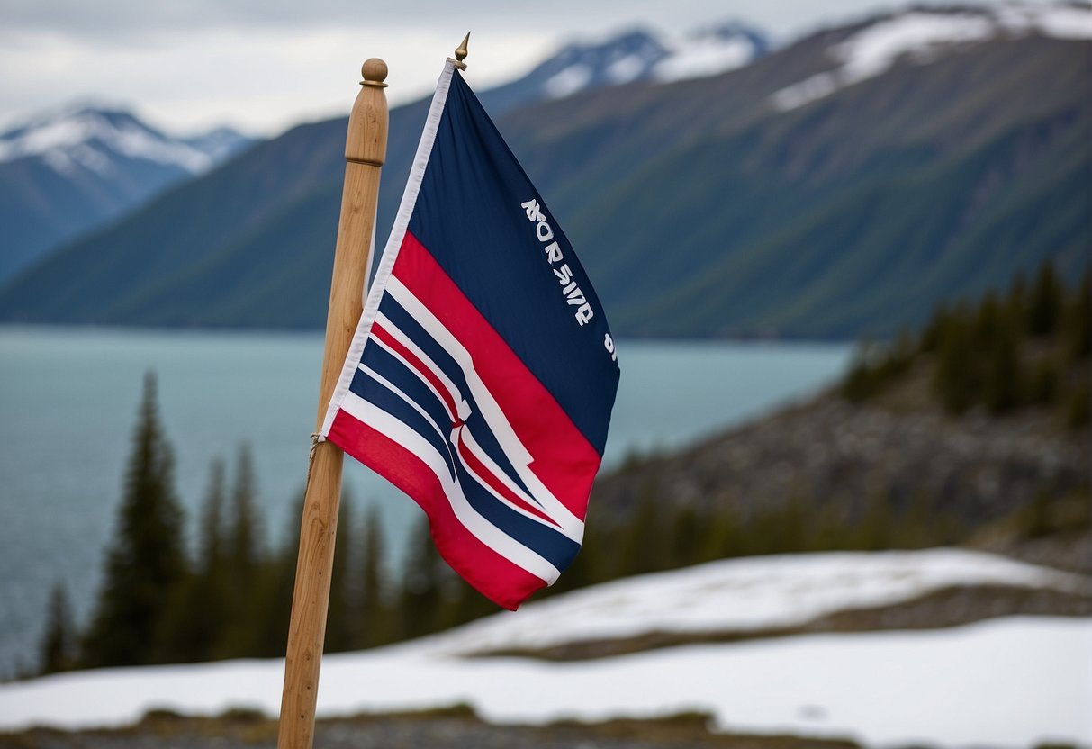 An Alaskan flag waving in the wind against a backdrop of snow-capped mountains and a rugged coastline
