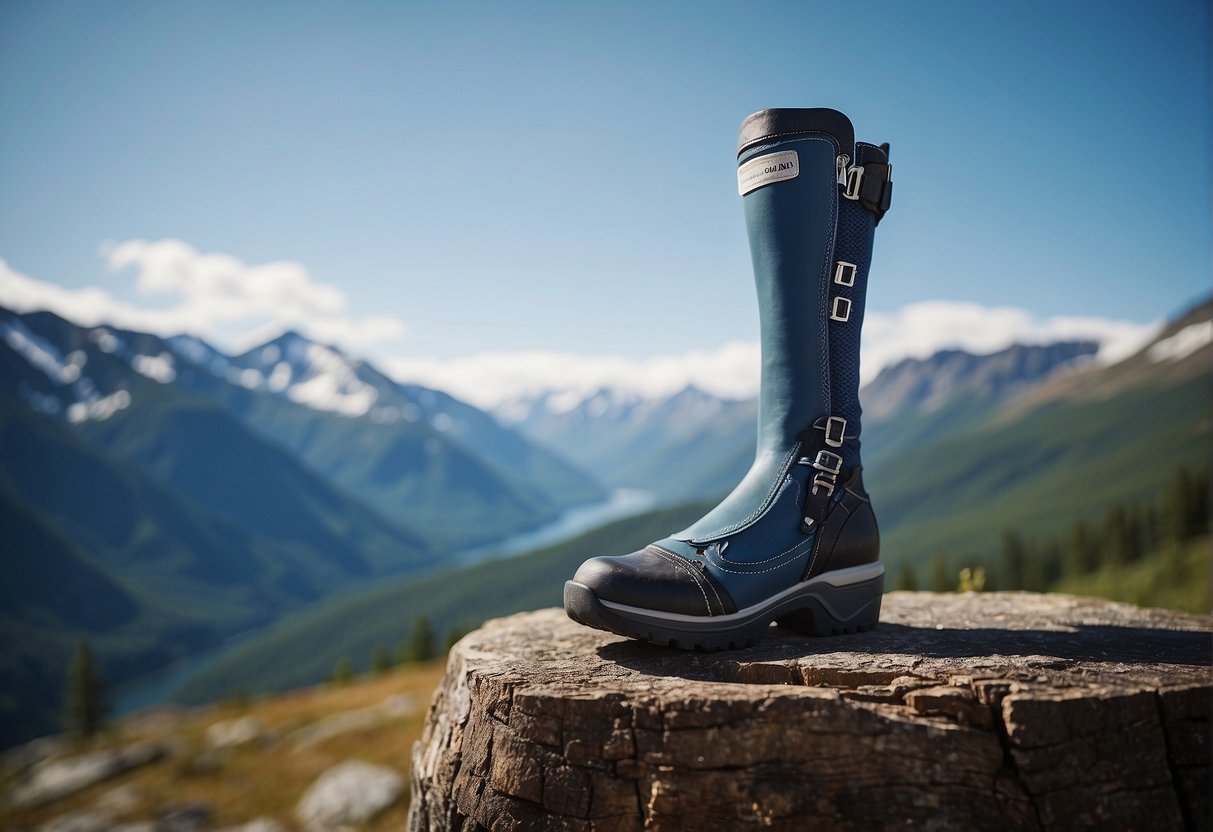 A prosthetic leg sits on a rustic Alaskan backdrop with mountains and a clear, blue sky