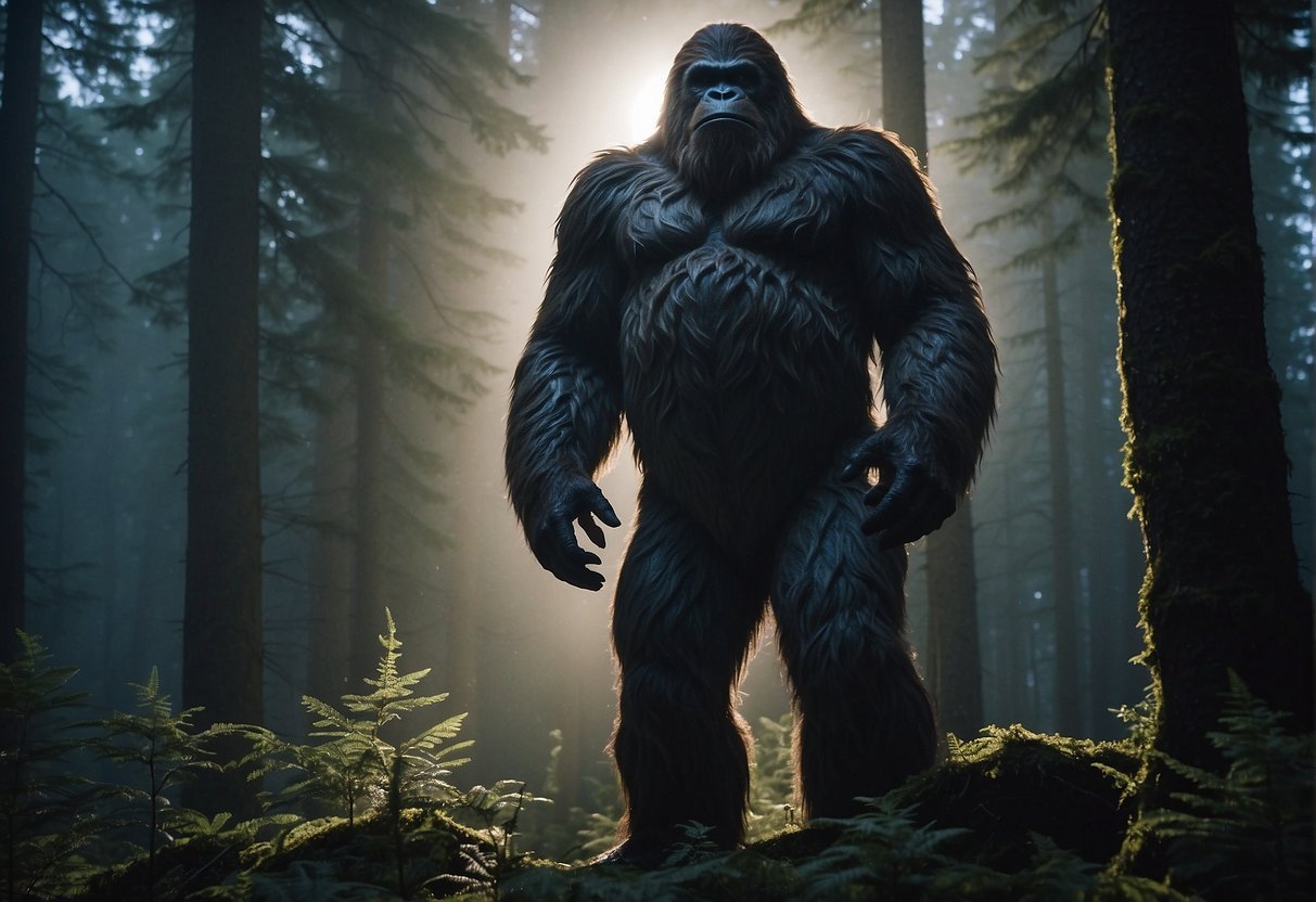 Alaskan Killer Bigfoot stands tall in the moonlit forest, its eyes glowing with an otherworldly intensity. The creature's massive form exudes an aura of primal power and danger