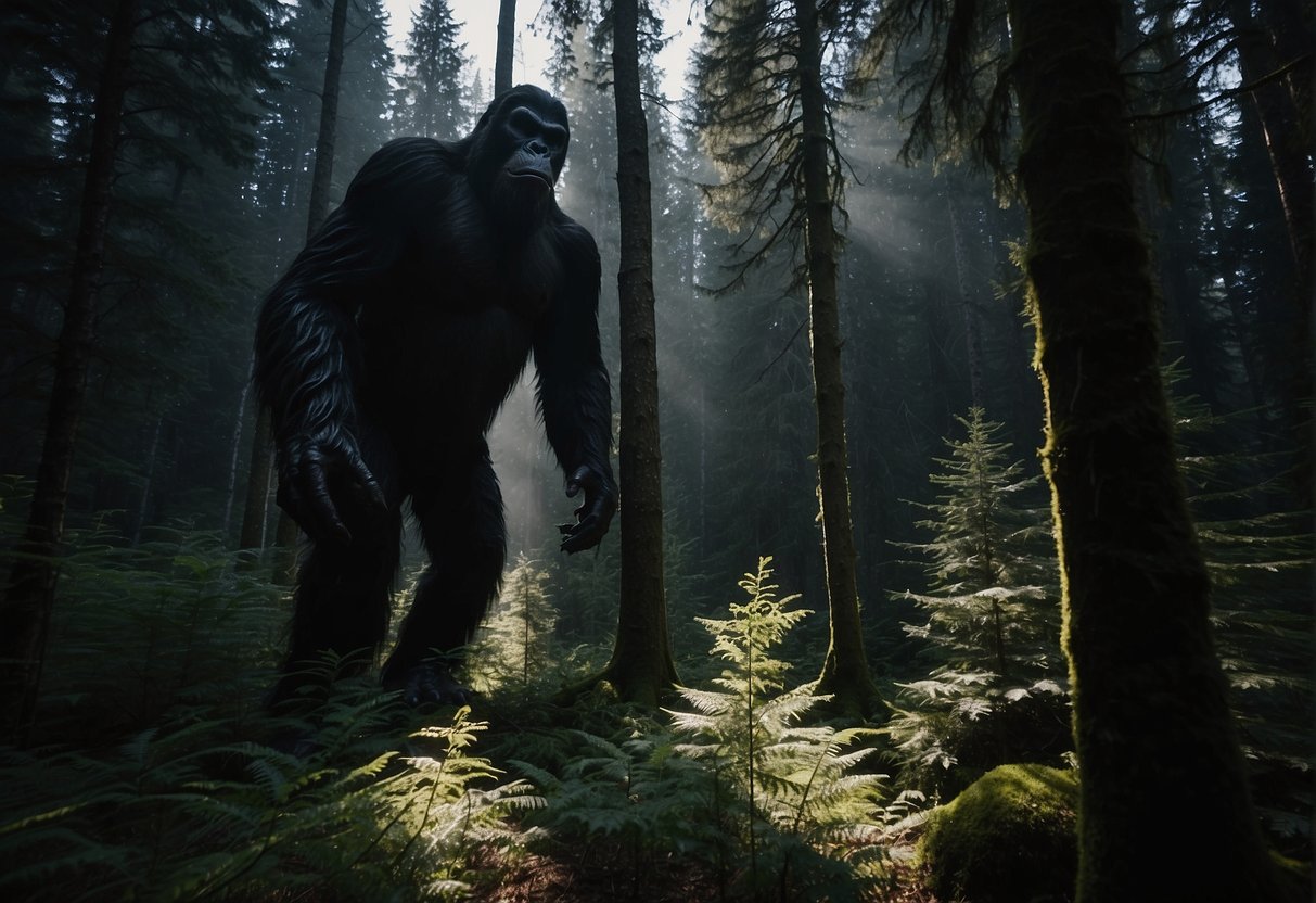 A dark forest with a looming shadow of a massive, menacing figure. Twisted trees and eerie silence set the stage for a chilling encounter with the Alaskan Killer Bigfoot