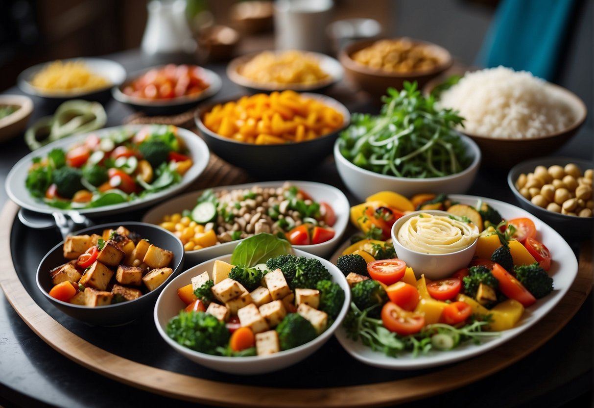 A colorful spread of plant-based dishes, including fresh salads, roasted vegetables, and tofu stir-fry, arranged on a table with elegant serving platters and utensils