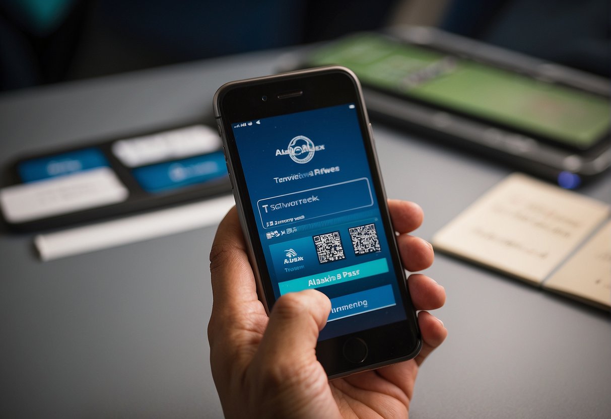 A traveler scans their boarding pass on the Alaska Airlines app, then selects the option to add TSA PreCheck. The app prompts them to enter their Known Traveler Number, and after verification, the traveler's boarding pass is updated with the TSA PreCheck