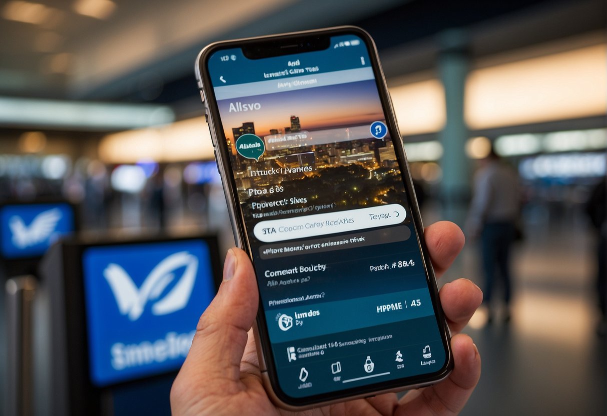A smartphone with the Alaska Airlines app open, showing the "Frequently Asked Questions" section with a highlighted option for adding TSA Precheck