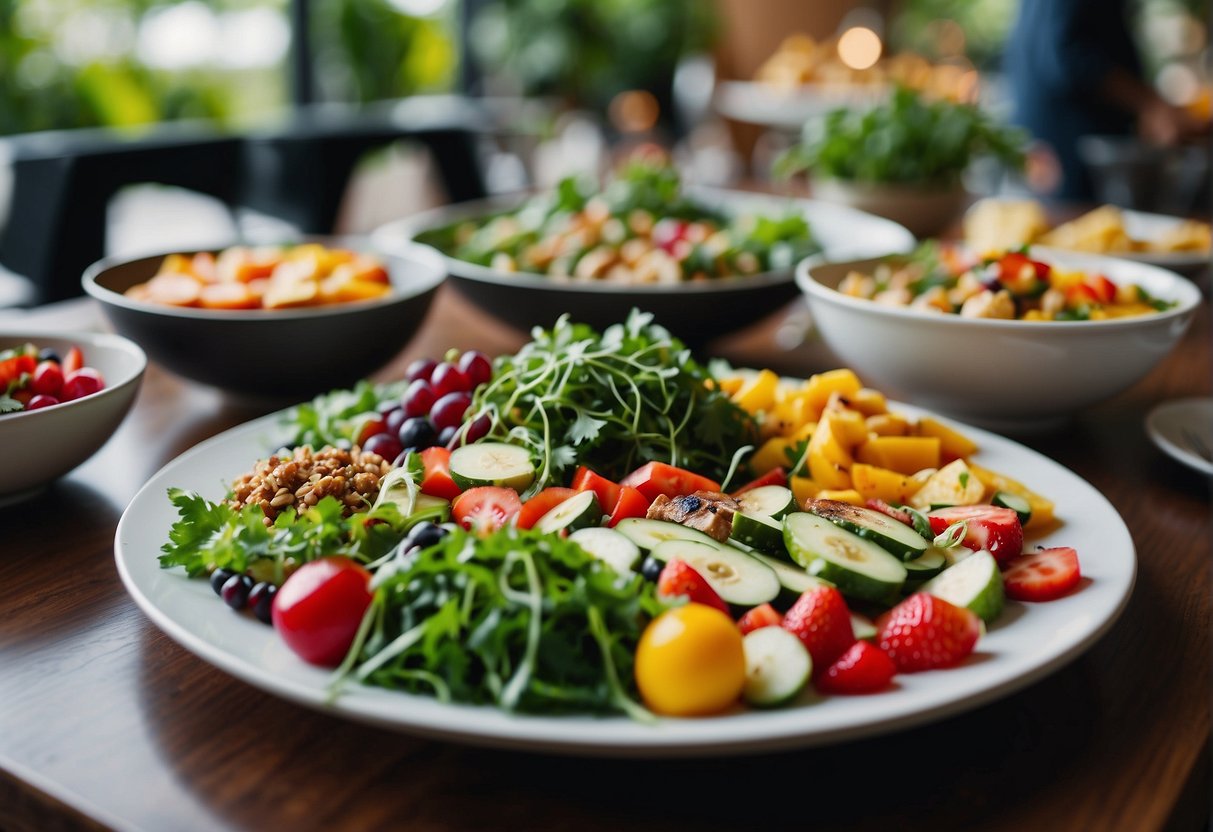 A colorful array of vegan dishes displayed on a buffet table, with fresh salads, plant-based entrees, and vibrant fruit platters. The menu is labeled with elegant calligraphy and surrounded by lush greenery