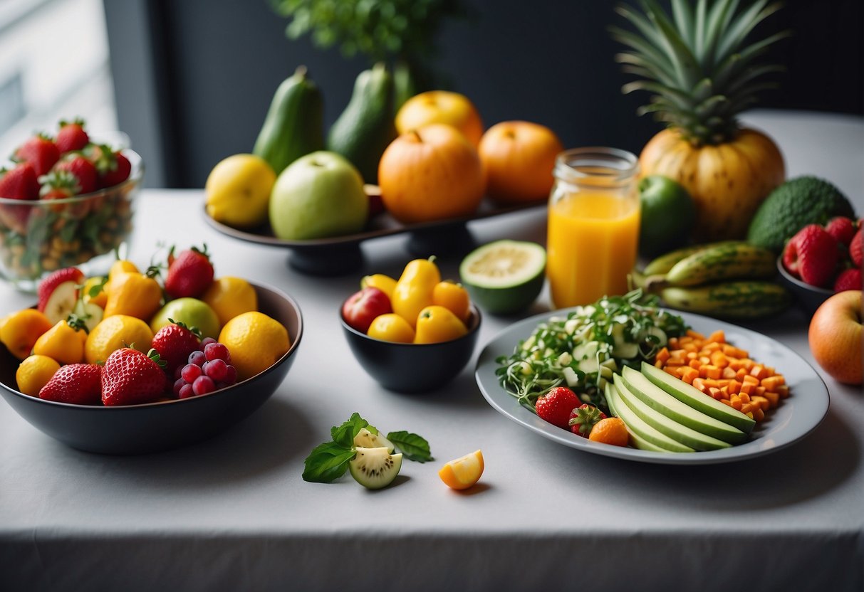A colorful array of vibrant fruits, fresh vegetables, and plant-based dishes arranged on a sleek, modern table setting