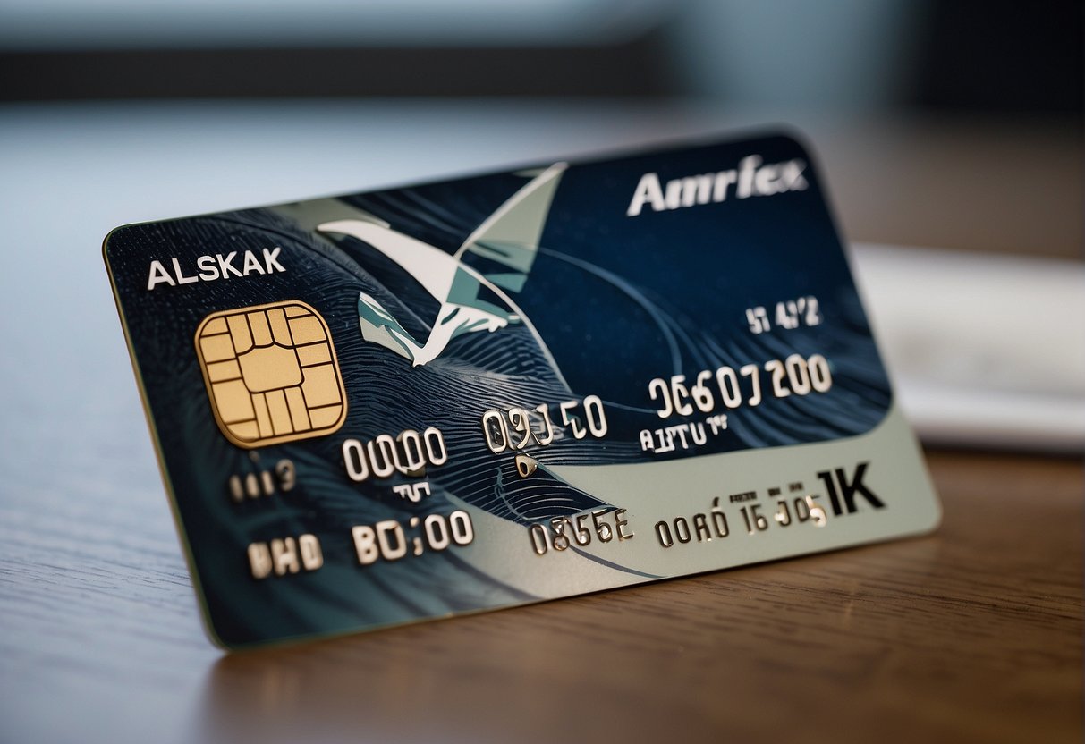 An Amex card and Alaska Airlines logo with a arrow pointing from the card to the logo, symbolizing the transfer of points