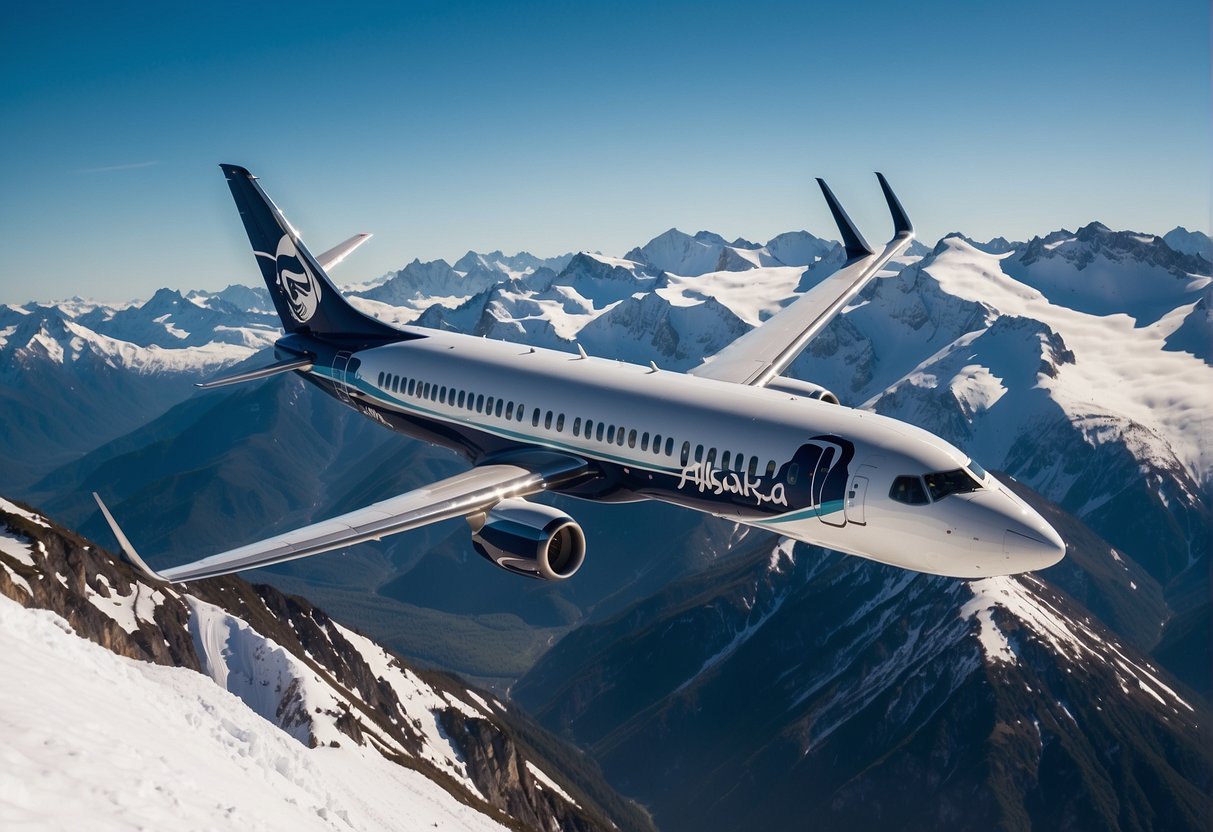 An Alaska Airlines plane flies over snow-capped mountains, with a clear blue sky in the background. The plane is surrounded by a few smaller planes, highlighting the remote and isolated nature of Alaska's air travel