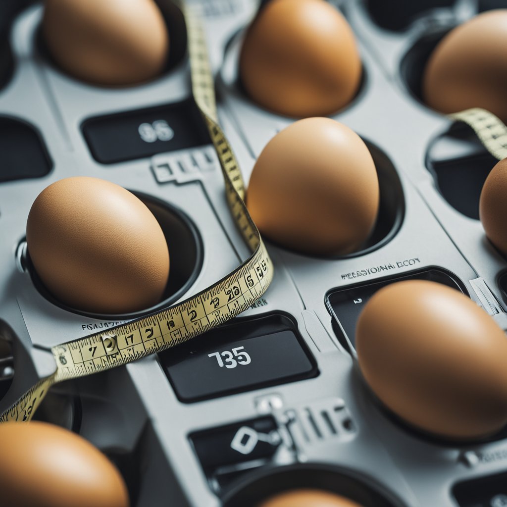A carton of eggs surrounded by measuring tape and a scale