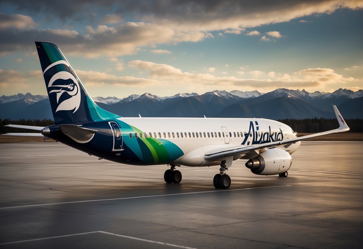 Alaska Airlines' logo prominently displayed on a sleek airplane, with a price tag attached, surrounded by images representing various factors influencing pricing